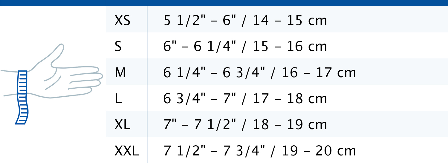 Size chart showing measurements for Actimove Professional Line ManuMotion Wrist Support
 Size chart showing measurements for Actimove Professional Line ManuMotion Wrist Support